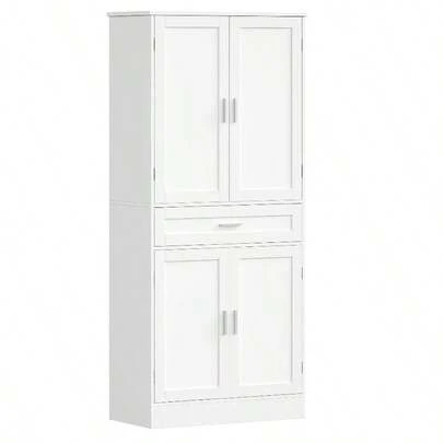 4 Doors Tall Kitchen Cabinet With 1 Large Drawer And Behind-Door Storage Shelf | Modern Style, White, 40 X 80 X 180 Cm, Suitable For Kitchen And Living Room, Wood Material, Hzuaneri Brand, Mounted Closet Systems