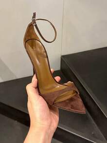 European And American Pointed Toe High Heels, Thin Heel, Rhinestone Embellished Gold Open Toe Sexy Elegant Lady Dress Sandals For Women,Stilettos Heels,Summer Shoes - Brown - View 3