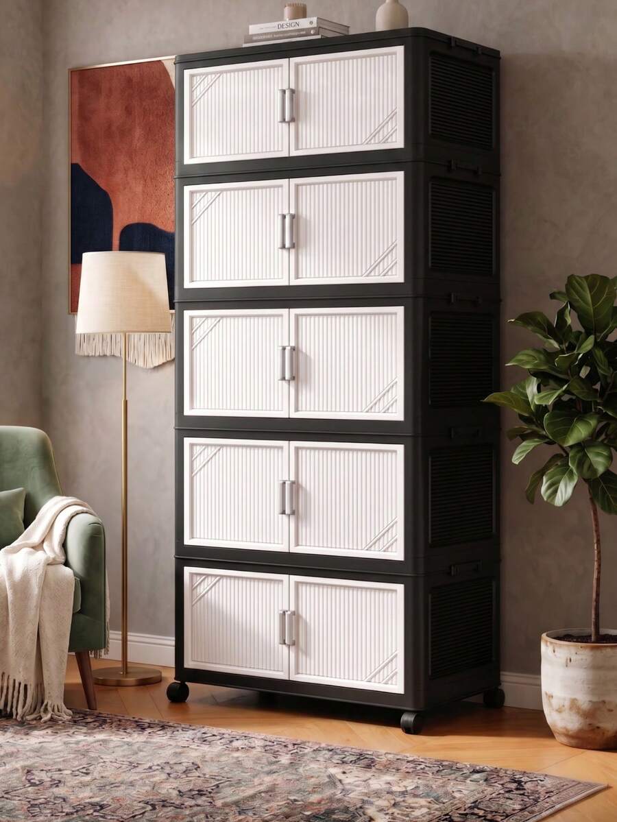 Folding Storage Bins With Drawers, Plastic Stackable Storage Bins With Lids, Closet Organizers And Storage, Collapsible Storage Boxes, Storage Containers For Home, Office, Dorm Room, Kitchen Organizers And Storage, Black&White - Đen trắng - Xem 1