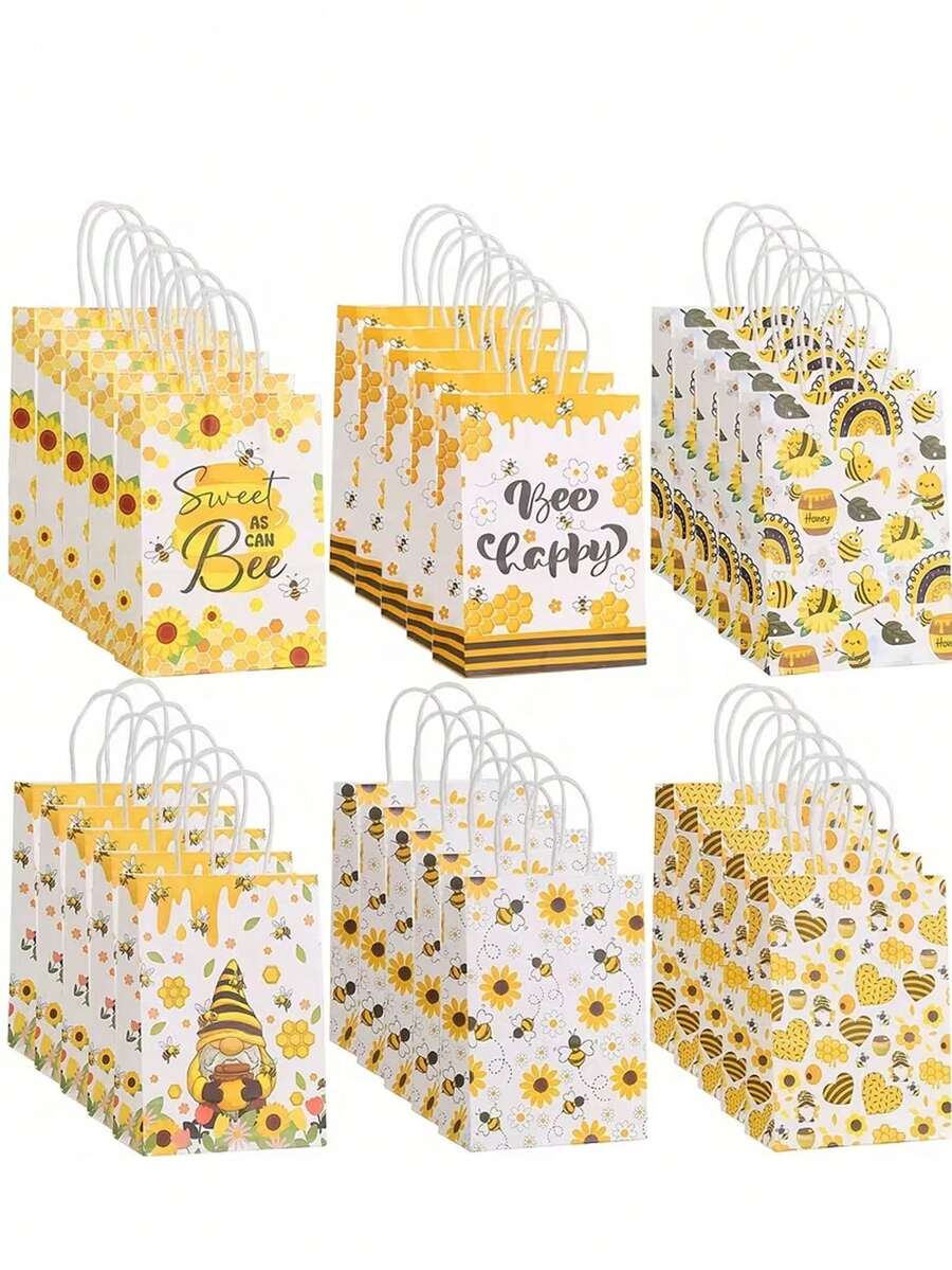 Bộ 6 túi giấy đựng quà chủ đề ong - Bộ sưu tập này có hình ảnh ong và hoa cúc hoạt hình làm yếu tố thiết kế chính, với 6 kiểu dáng khác nhau để lựa chọn. - Một kích cỡ phù hợp cho tất cả - Xem 1
