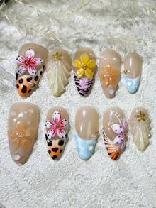 Handmade 3D Floral Nail Art For Summer, Jungle Animal Texture Leopard Tiger Zebra Almond Shape Medium-Long False Nails For Women - 橘色 - 查看 4