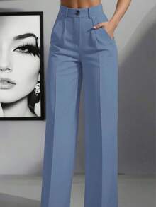 Pantalones holgados de cintura alta con pliegues, aptos para el trabajo y el uso casual, negro para primavera/verano - Azul - Ver 1