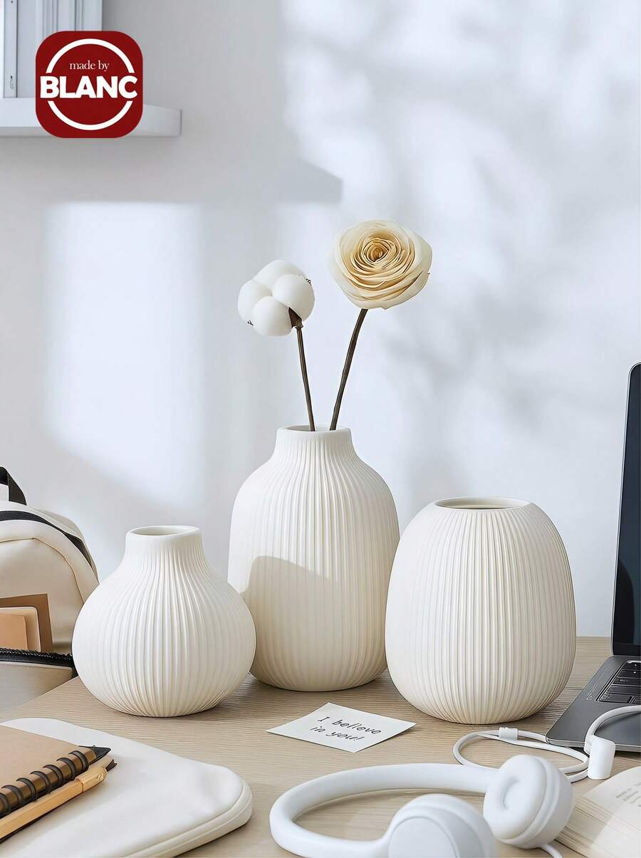 白色罗纹树脂花瓶 - 现代简约装饰品,多种尺寸可选,轻巧设计,适用于卧室、玄关、客厅及礼品展示,家居装饰,房间装饰,花瓶,玻璃花瓶 - 彩色 - 查看 1