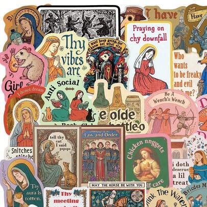 50张中世纪彩色边框卡通涂鸦贴纸，可用于DIY行李箱、水杯、笔记本、头盔等创意装饰涂鸦贴纸