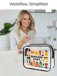 "Skincare Stuff" 字母印花 PVC 洗漱包，PVC 旅行收納袋附拉鍊開關，化妝包，便攜式化妝箱，適合母親、老師、朋友、護士，化妝袋，學校假期返校必備用品 - 彩色 - 查看 6
