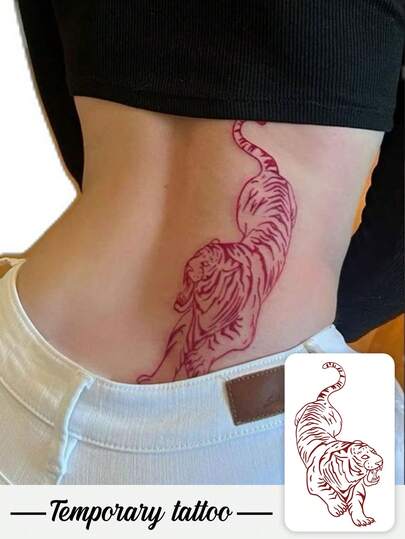 One Valentine's Day Temporary Temporary Tattoo Sticker, Featuring A Unique Red Line Tiger Tattoo Design. Waterproof And Sweatproof, Washable, And Non-Reflective. Suitable For Fashion-Conscious Individuals, It Can Be Used For 3 To 5 Days.