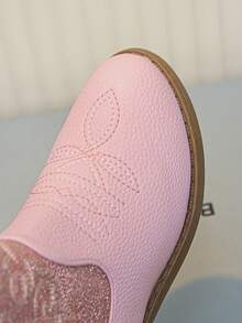 Bottes de cowboy western pour filles, bottes mi-mollet roses avec tissu pailleté et broderie, fermeture éclair latérale, talon bas antidérapant convenant aux tout-petits/petites filles/grandes filles - Rose bonbon - Voir 9