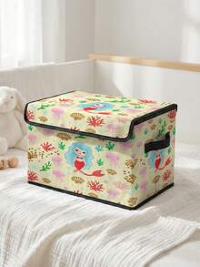 1 pieza Caja de almacenamiento plegable de gran capacidad, cesta de almacenamiento con tapa con estampado de sirena y asa, contenedor de almacenamiento multiusos para guardería, dormitorio, ropa de bebé, juguetes - Multicolor - Ver 1