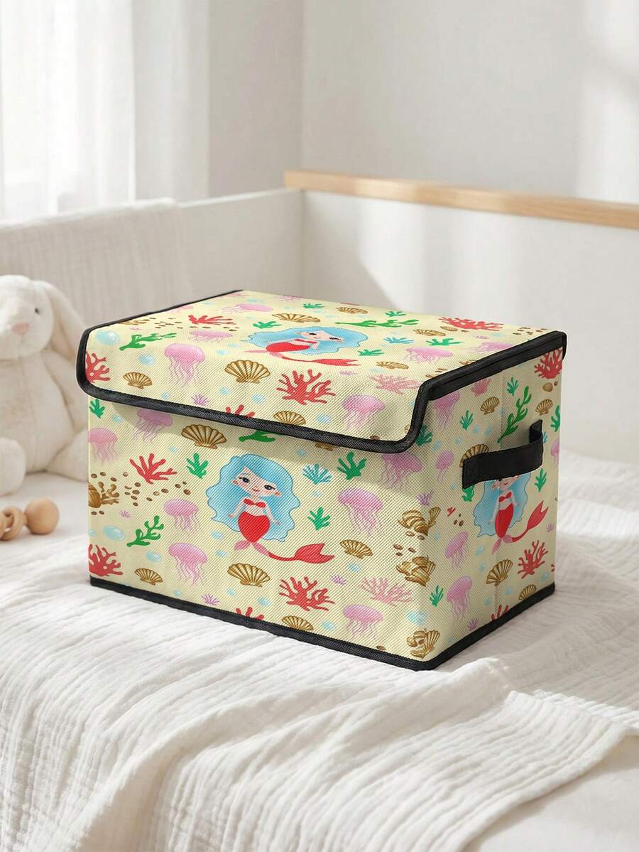1 pieza Caja de almacenamiento plegable de gran capacidad, cesta de almacenamiento con tapa con estampado de sirena y asa, contenedor de almacenamiento multiusos para guardería, dormitorio, ropa de bebé, juguetes - Multicolor - Ver 1