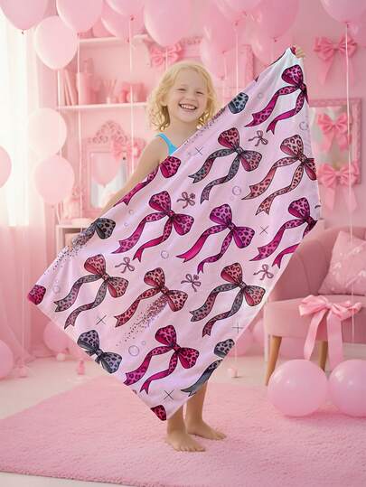 1pc Pink Bow Pattern Children's Beach Towel, Super Soft Fiber Extra Large Beach Blanket, Super Absorbent Bath Towel, Suitable For Travel, Swimming Pool, Diving, Surfing, Yoga, Camping, Available In Multiple Sizes, Beach Accessories For Beach, Pool, Travel, Camping, Yoga