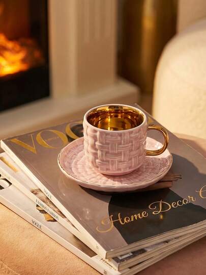 XNRJ Studio1 1 Set 200ml Luxury Woven Ceramic Coffee Cup & Saucer, 24K Gold Interior, Pink & Gray, Elegant Healing Style, Home/Office Coffee Cup, Espresso Cup, Saudi Arabia Cup, Suitable Gift For Women, Afternoon Tea, Office, Holiday Or Back To School