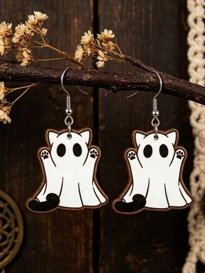 1 Pair Cute Ghost Cat Ear Hook Earrings, Cartoon Adorable Wooden Earrings Accessories For Halloween