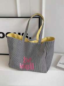 This Double-Sided Striped Canvas Tote Bag Is Lightweight And Easy To Carry, Making It An Ideal Choice For Business And Leisure. With A Simple And Fashionable Design, It Is Suitable For Shopping, Storing School Supplies, Books, Handbags, Backpacks, And Various Occasions. It Has A Large Capacity, Is Portable And Foldable - 黑色 - 查看 1