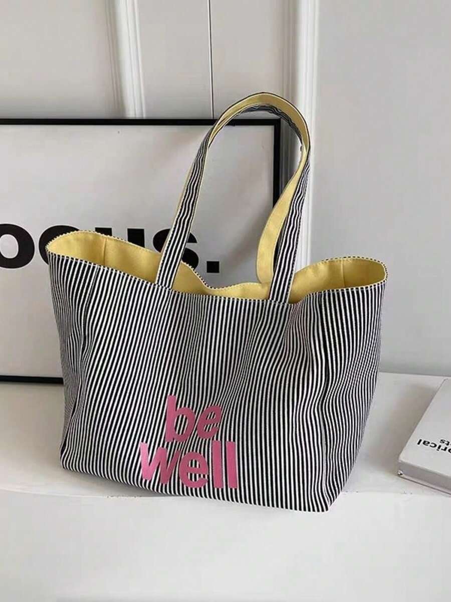 This Double-Sided Striped Canvas Tote Bag Is Lightweight And Easy To Carry, Making It An Ideal Choice For Business And Leisure. With A Simple And Fashionable Design, It Is Suitable For Shopping, Storing School Supplies, Books, Handbags, Backpacks, And Various Occasions. It Has A Large Capacity, Is Portable And Foldable - 黑色 - 查看 1
