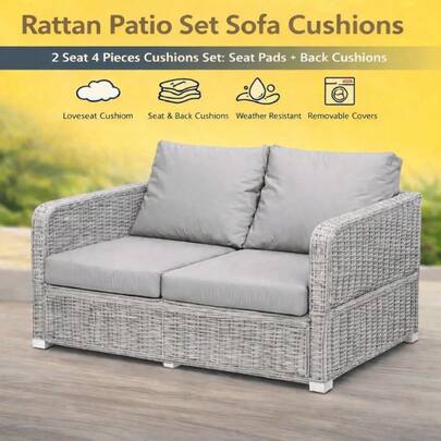 2 Seater 4pcs Outdoor Rattan Chair Cushion Set – Garden Patio Sofa Seat & Back Pads, Water-Resistant Covers, Replacement Cushions For Outdoor Furniture