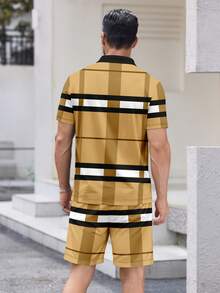 Bộ áo polo và quần short nam in họa tiết kẻ caro, phong cách công sở thường ngày. - Màu Khaki - Xem 4