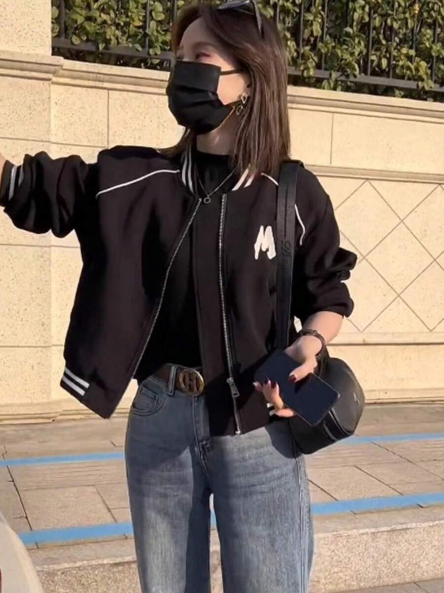 Women's Spring Baseball Jacket, Loose Fit, Stylish And Versatile - Black ([High Quality]) - View 1
