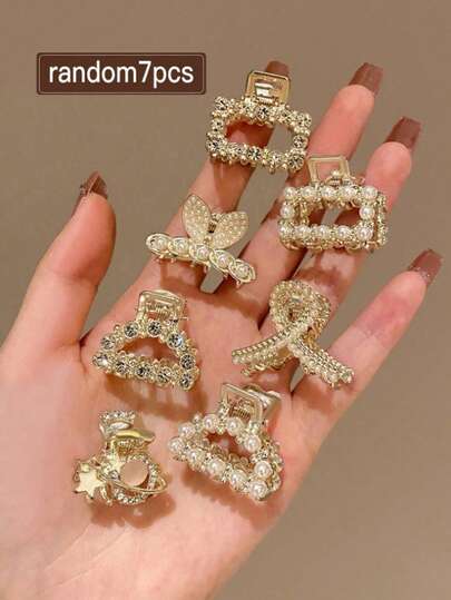 7pcs/Set Women's Crystal Pearl Hair Clips, Decorated With Faux Pearls And Rhinestones, Versatile Rhinestone Small Hair Claws, Delicate Girlish Alloy Hair Accessories, Suitable For Women And Girls, Create Summer Styles