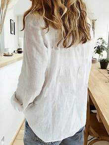Camisa abotonada de color sólido, camisa elegante de manga larga con cuello primaveral - Blanco - Ver 2