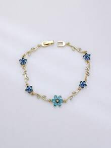 1pc Bohemian Style Multi-Color Zirconia Flower Bracelet With Delicate Leaf Chain, Women's Daily Wear & Date Jewelry Gift - Flower Chain - View 9