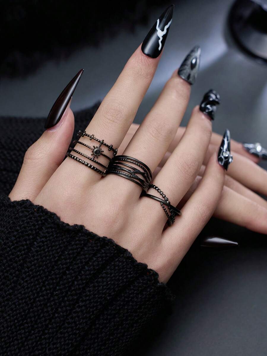 3pcs Stainless Steel Black Gothic Style Shiny Striped Stackable Rings, Exaggerated Fashion For Halloween, Suitable For Women's Daily Decoration Or Gift, Open Adjustable Size - Black - View 1