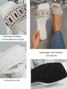 1 Pair Plus Size Shiny Gold Color, Rhinestone & Double Pearl Decor Slides, Elegant & Fashionable For Party, Vacation, Beach, Comfortable Slip-On Flat Mules, Suitable For Daily Wear, Size 41-42-43 - White - View 1