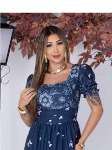 Women's Long Printed Premium Luxury Elegant Casual Party Dress With Ruffled Fabric, Perfect For Weddings, Home, Baby Showers, And Dates. - 藏蓝色 - 查看 5