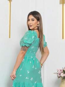 Women's Long Printed Premium Luxury Elegant Casual Party Dress With Ruffled Fabric, Perfect For Weddings, Home, Baby Showers, And Dates. - 淺綠色 - 查看 5
