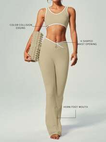 UONNOU Set Pakaian Olahraga Tanpa Jahitan: Celana Yoga Model Lebar Pinggang Tinggi dan Bra Olahraga Model U-Neck - Khaki - View 3
