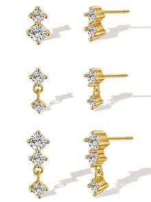 3PCS Golden Earrings Set Dangle Earrings Minimalist Drop Stud Earrings WIth 2pcs Disposable Ear Piercing Gun Home Use Ear Piercing Tool - View 5