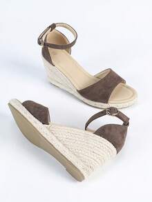 Giày sandal đế xuồng nữ, giày mùa hè đế dày hở mũi thoải mái, quai cài chắc chắn, đế dây thừng bằng vải lanh [Kích thước lớn hơn một size] - Cà phê nâu - Xem 6