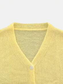 Áo khoác cardigan nữ màu trơn, cài một hàng cúc, tay dài, chất liệu dệt kim, dáng rộng - Phong cách tối giản thanh lịch kiểu Pháp, đa năng cho mùa thu/đông đi làm. - Màu vàng - Xem 7