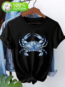 Sommaroutfit för kvinnor 2026 100 % rent tryckt t-shirt med utomhustema, avslappnad kortärmad skjorta med blått krabbtryck, vardagsfritidskläder för utomhusbruk, utmärkt texturerad skjorta för kvinnor - Svart - Visa 12