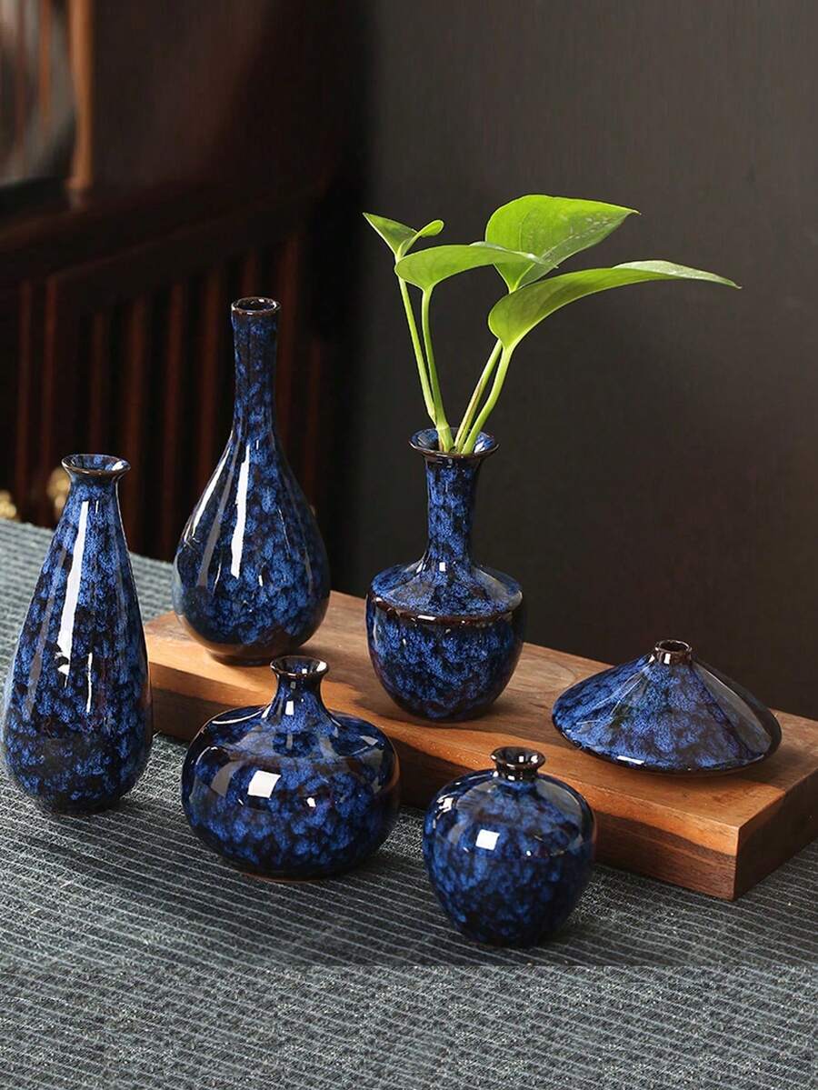 Blue Ceramic Vase, Suitable For Home And Office Desktop Decor, Floral Arrangement, Living Room Entrance Hydroponic Flower Holder, Dried Flower Vase Decor [Vase Only, Flowers Not Included] - Kiln-fired Blue Vase - View 1