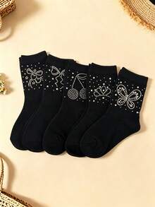 5 Pairs Kids Boat Socks, European & American Style Printed & Rhinestone Socks, Rhinestone Design Teenage Socks, Sweet Lady Princess Girl Gift, Back To School Student Daily & Sports Ankle Socks - Black - View 4