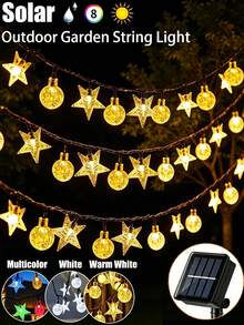 太陽能戶外燈串 5m 20leds/7m 50leds/12m 100leds 水晶球與星星花園燈串，8種模式防水仙女燈，適用於露台、庭院、圍欄、樹木、陽台、露營裝飾，聖誕節、情人節、萬聖節、節日送禮燈 - 太陽能燈串 - 查看 2