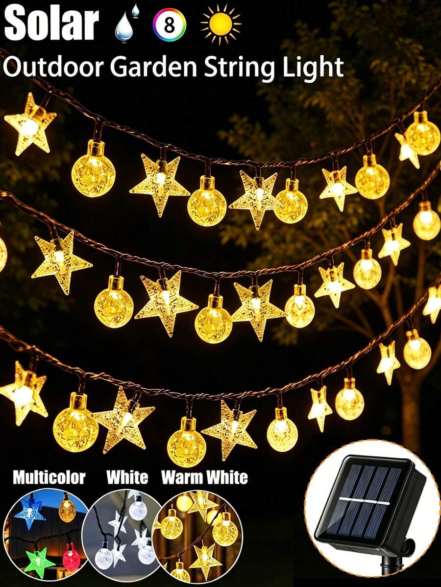 太陽能戶外燈串 5m 20leds/7m 50leds/12m 100leds 水晶球與星星花園燈串，8種模式防水仙女燈，適用於露台、庭院、圍欄、樹木、陽台、露營裝飾，聖誕節、情人節、萬聖節、節日送禮燈