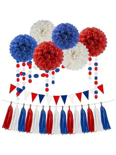 9/1pc Independence Day Party Decoration Set, Includes Red White Blue Paper Flower Balls, Triangle Cone Pennants, Paper Tassels, 4m Round Streamer, Party Backdrop, Home Decor, Room Decor, Outdoor Decor, Holiday Hanging Decorations, Suitable For Independence Day, July 4th, Memorial Day, Patriotic Party, Birthday Party, Holiday And Party Supplies, Graduation Party