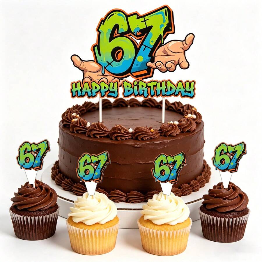 13pcs Birthday Party Cake Decorations, "67" Theme Cake Toppers, 67 Theme Birthday Party Decorations, Funny 67 Pattern Party Decor, Cupcake Decorations - View 1
