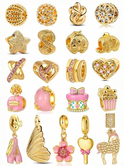 1 Stück Gold Farbserie: Rosa Herzen, Blumen, Sterne, Elefanten, Marienkäfer, Cut Out Herzen, Parfüm, Kuchen, Popcorn, Schmetterlinge, Ballettschuhe, Einhorn Perlenanhänger Charm geeignet für Armband Halskette Armreif Perlen für DIY Schmuckherstellung Alltagstragen Party Accessoires