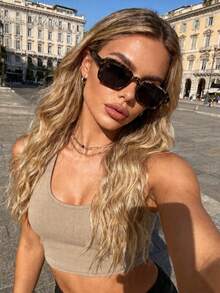 1pc Women's Plastic Geometric Frame Street Style Elegant Aesthetic Fashion Sunglasses, Suitable For Hiking, Beach, Party, Camping, Street Photography And More - Multicolor - View 2