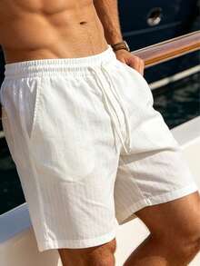 Men's Drawstring Striped Elastic Waist Casual Beach Shorts, Summer - White - View 1