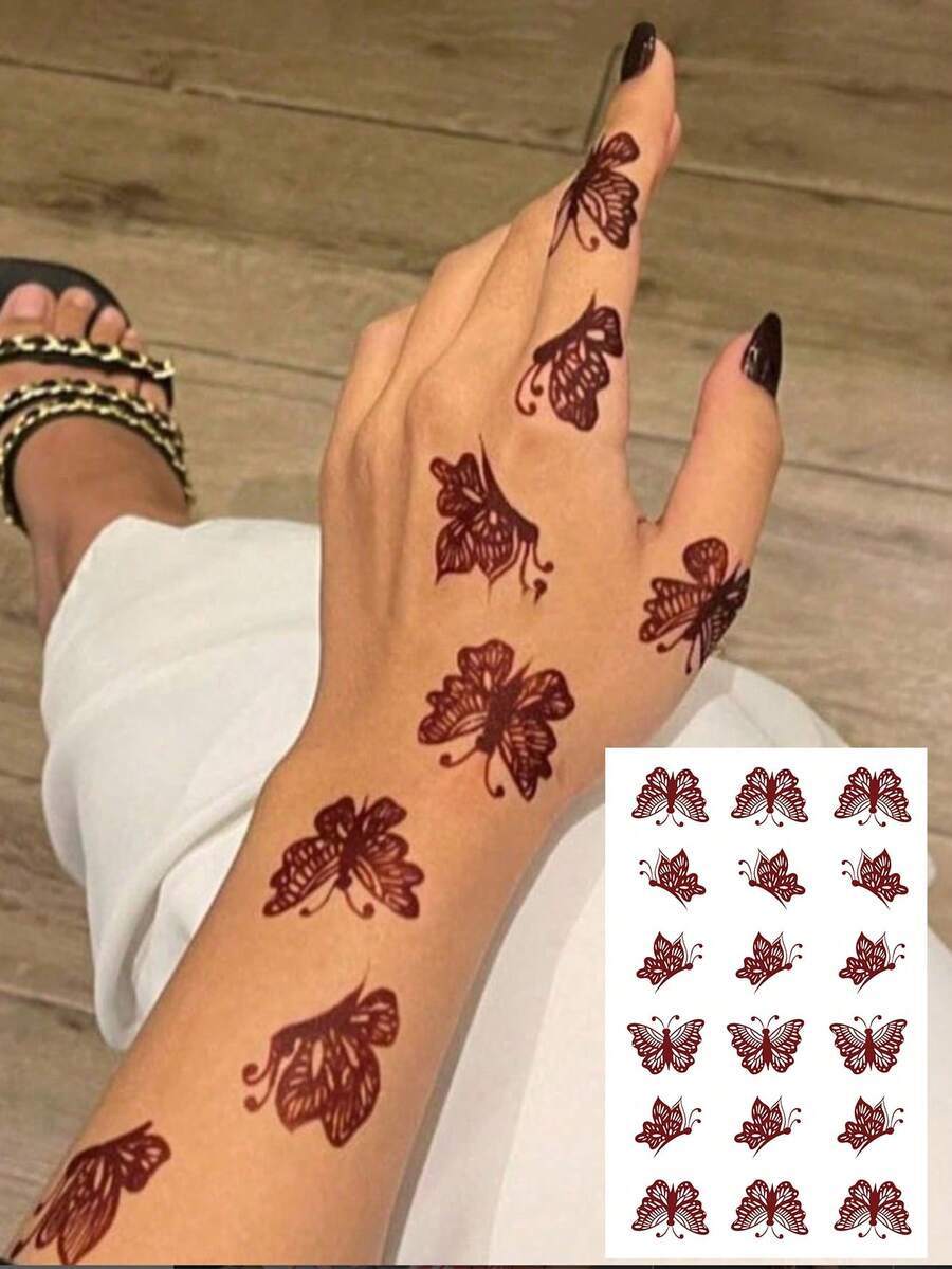 1 Piece Of Y2k Fashion Floral Decorative Temporary Tattoo For Hands, Waterproof, Sweatproof, Washable, Suitable For Girls, Can Last 3-7 Days - 紅色 - 查看 1