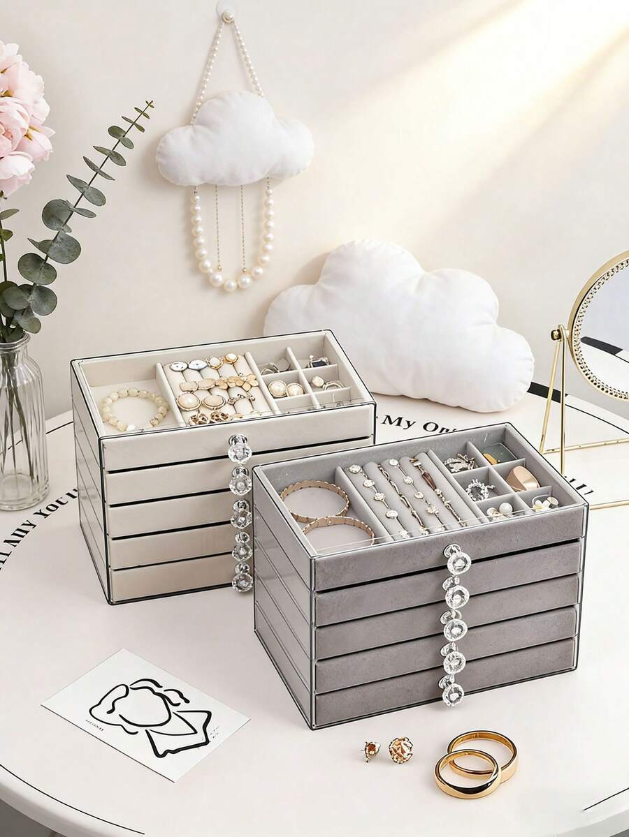 Hộp đựng trang sức 5/3/1 tầng bằng nhựa acrylic trong suốt, phủ nhung - Dung tích lớn, thích hợp đựng bông tai, nhẫn, dây chuyền.