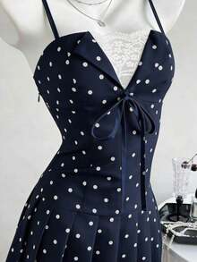 Vestido informal de tirantes finos con cordón delantero, tela ligera transpirable.Ideal para verano y uso diario. - Azul marino - Ver 6