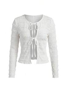 Áo khoác cardigan dệt kim dài tay màu trắng, chất liệu mỏng nhẹ, kiểu dáng buộc dây phía trước, thích hợp cho nữ mùa xuân. - trắng - Xem 8