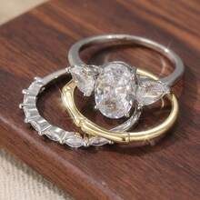 3pcs Elegant Minimalist Women's Wedding Engagement Ring Set, Inlaid With White Cubic Zirconia, Ideal Gift For Valentine's Day And Christmas, Timeless Classic - Gold - View 2