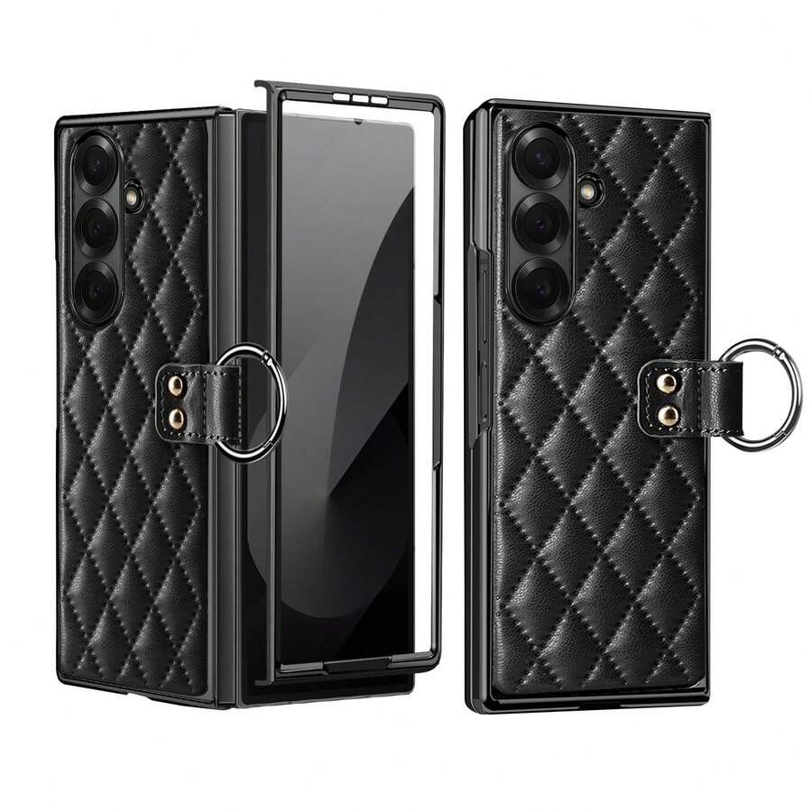 VIETAO 電鍍 PC 指環支架人造皮革手機殼,適用於 Galaxy Z Fold 3 4 5 6 7 8 Ultra,附鋼化玻璃螢幕保護貼 - 黑色 - 查看 1