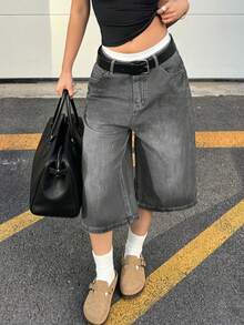 Y2K Vintage Washed Cat Whisker Pocket Wide Leg Bermuda Denim Jeans Shorts, Casual Capri Pants, Y2K Music Festival Summer - 灰色 - 查看 3