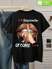 Fashionable Casual Pure Cotton Crew Neck Short Sleeve For Women, With A Versatile Regular Fit. Printed With Lip Patterns, Suitable For Commuting, School And Casual Outings In Spring, Summer And Autumn. Black - Black - View 3